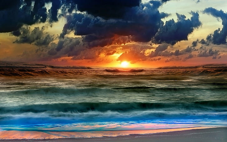 clouds, sunset, water, sea, waves, beach, sky, HD wallpaper