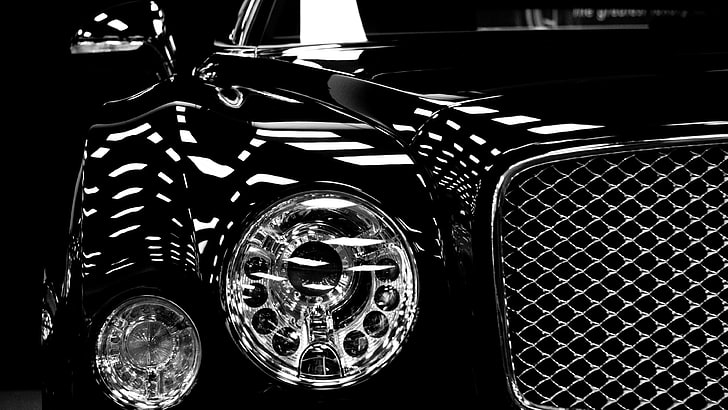 silver-colored analog watch, car, Bentley, monochrome, land vehicle