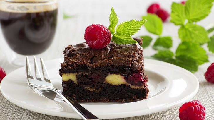 Chocolate cake, dessert, strawberries, wine, food, HD wallpaper