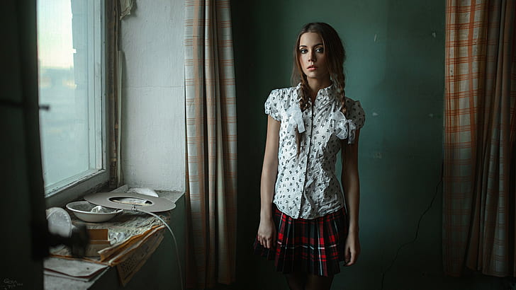 schoolgirl, shirt, Georgy Chernyadyev, braids, skirt, plaid, HD wallpaper