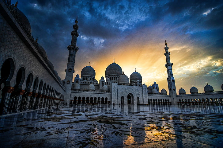 sunset, Abu Dhabi, UAE, The Sheikh Zayed Grand mosque, HD wallpaper