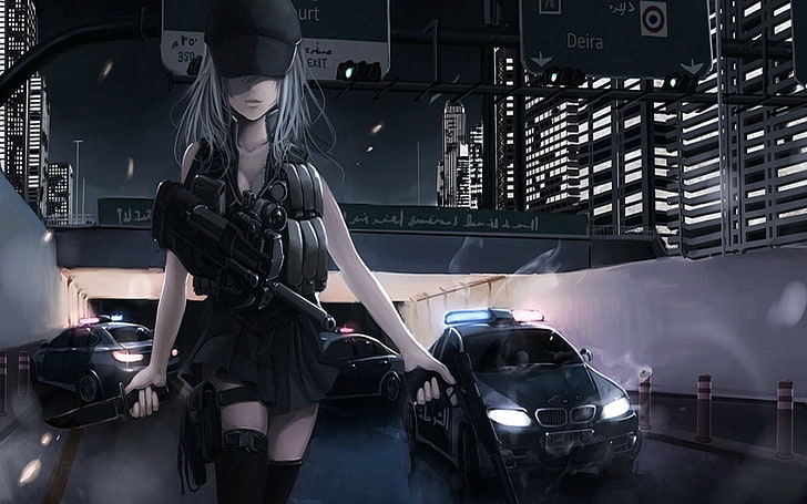 female police anime character wallpaper, anime girls, highway