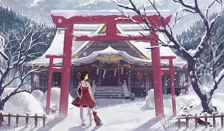 anime girls, snow, shrine, original characters, miko, winter, HD wallpaper