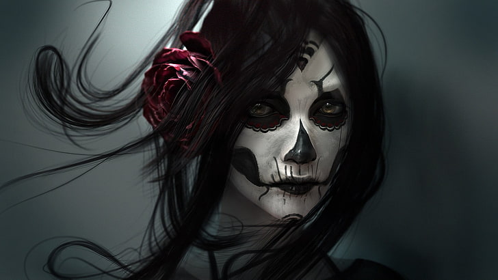 La Muerte face makeup illustration, black haired female character illustration