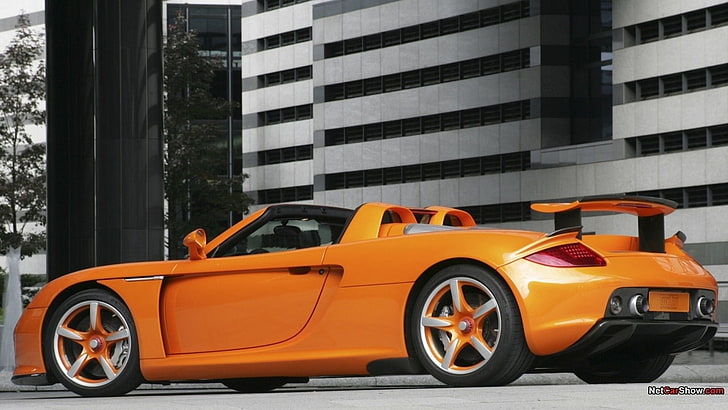 orange and black car die-cast model, Porsche Carrera GT, orange cars