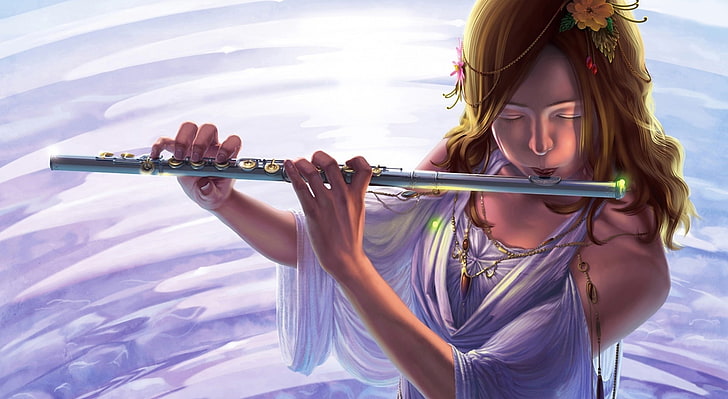 Musical Instruments, woman playing flute illustration, Artistic