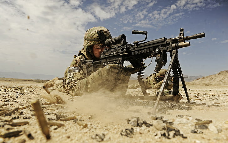 sand, dust, M249 LMG machine gun U.S. Army, firing, soldier, HD wallpaper