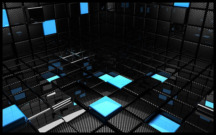 blue and black tiles digital wallpaper, abstract, 3D Blocks, architecture