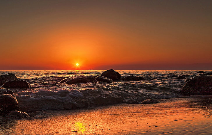 rocks on body of water, sea, Sun, beach, waves, nature, sky, sunset, HD wallpaper