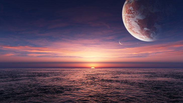 body of water, planet, space, sea, horizon, sunset, nature, sky