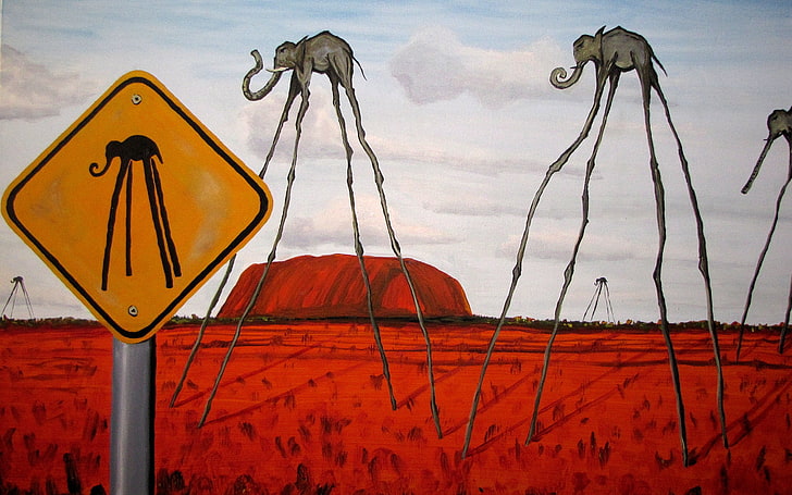 elephants and signage painting, figure, picture, Salvador Dali