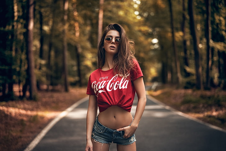 women's red Coca-Cola crew-neck top, Sara Tessitore, tanned, road, HD wallpaper