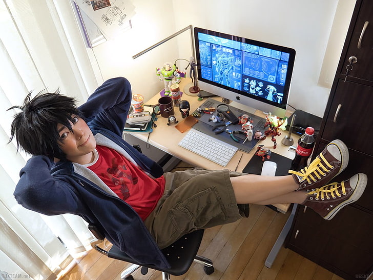boy's blue zip-up jacket, Hiro Hamada (Big Hero 6), cosplay, computer