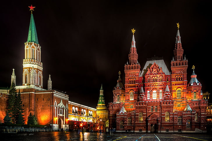 red lighted castle, moscow, russia, red square, st nicholas tower, HD wallpaper