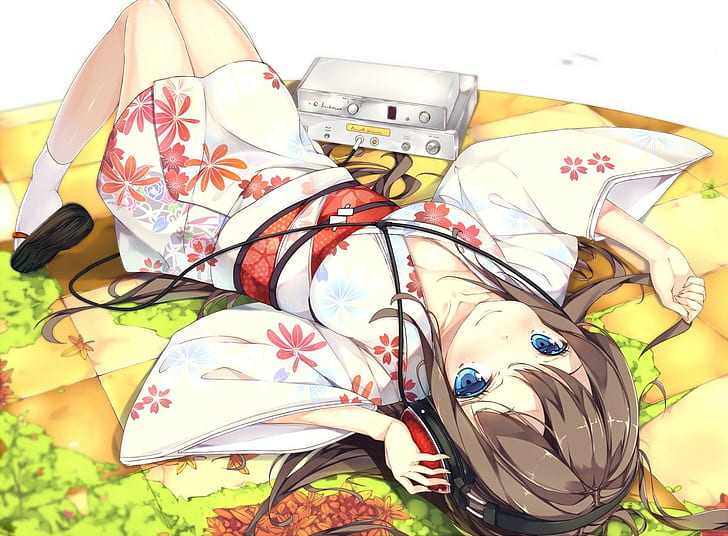 anime girls, headphones, kimono