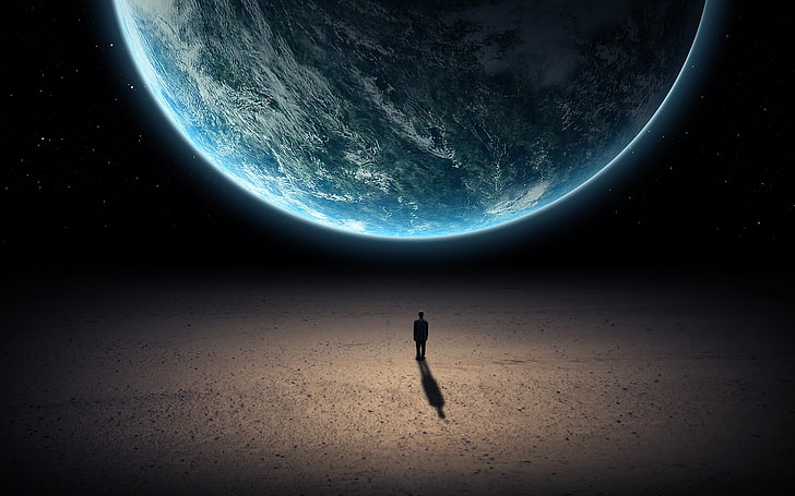 person standing near planet wallpaper, world, digital art, Earth