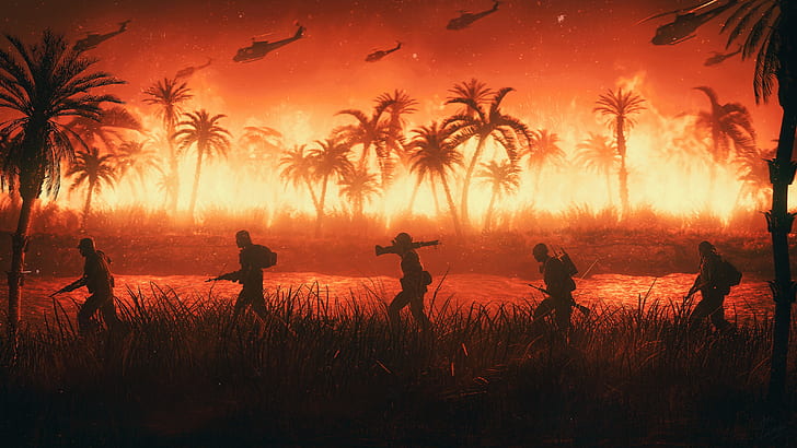 Fire, War, Helicopter, Palm trees, Soldiers, Army, USA, Jungle