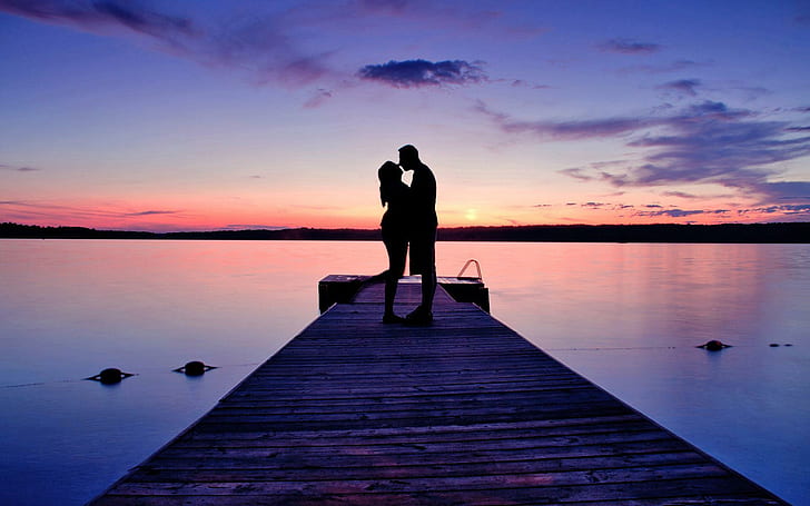 Sunset Kiss, Love, lake, couple, HD wallpaper