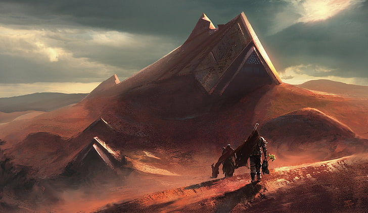 two man walking on desert digital wallpaper, artwork, fantasy art