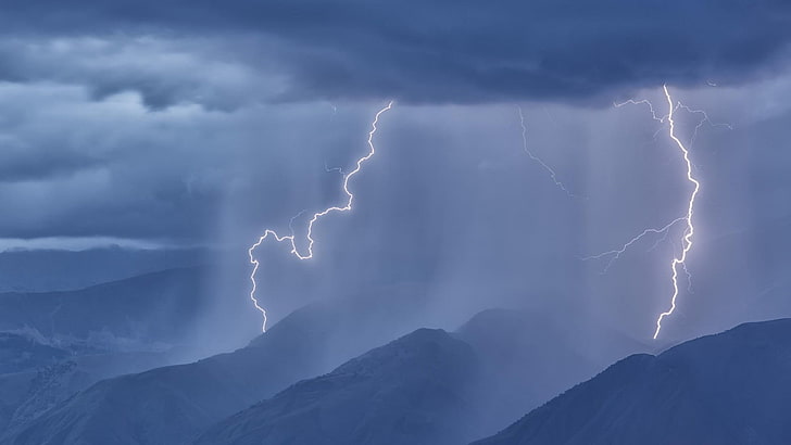 lightning struck unto mountains during nighttime, nature, landscape
