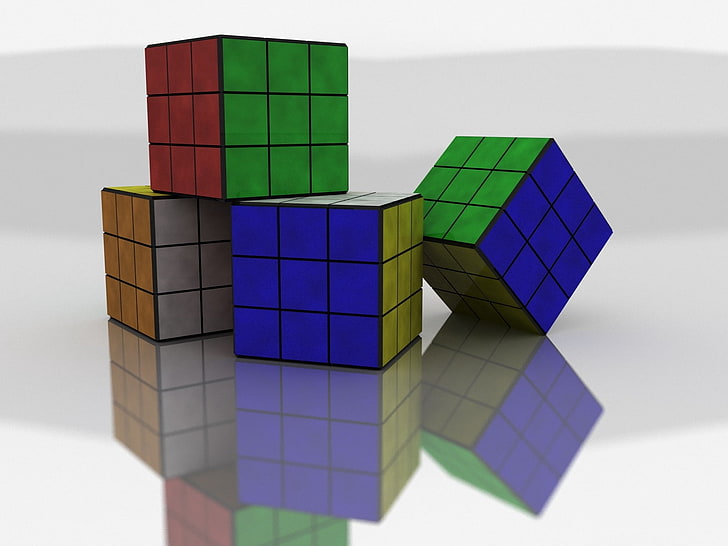 four 3x3 Rubik's cubes, rubiks cube, colorful, size, shape, cube Shape
