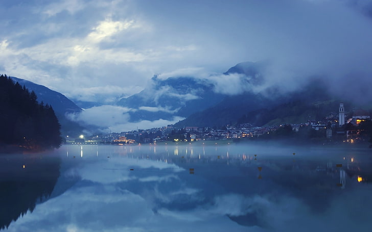 lake and mountains, landscape, blue, nature, mist, clouds, city, HD wallpaper