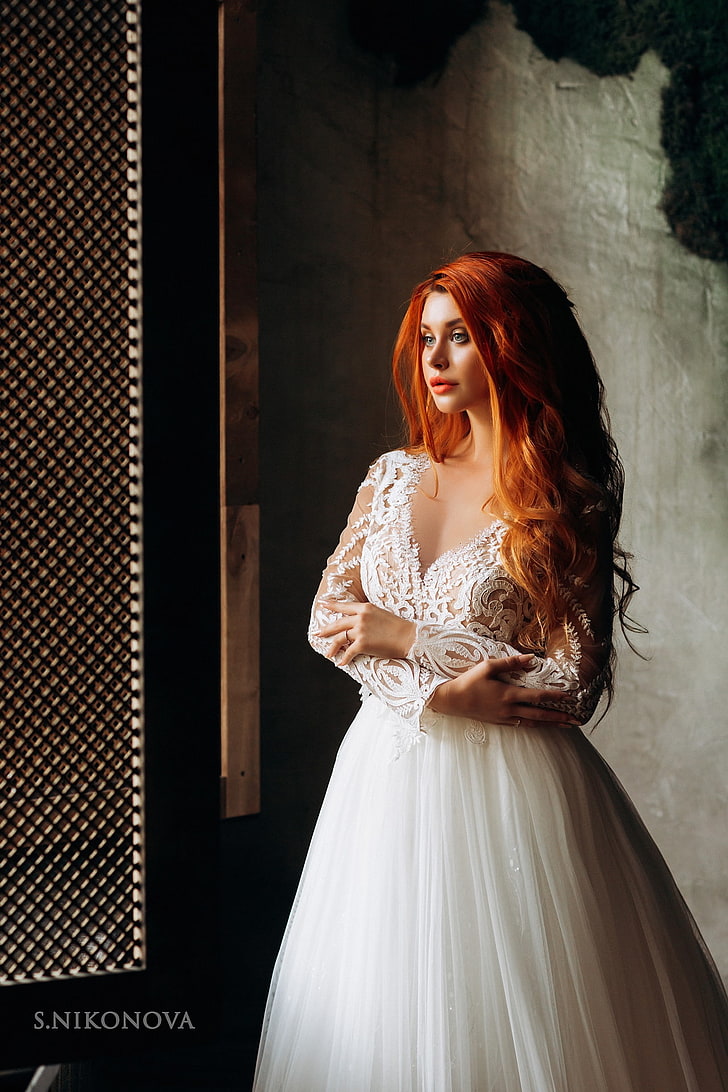 Dana Bounty, women, model, redhead, portrait, wedding dress
