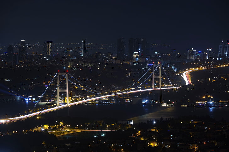 cityscape, Istanbul, Bosphorus Bridge, city lights, light trails, HD wallpaper