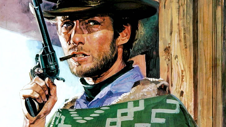 man holding revolver portrait painting, movies, western, Clint Eastwood