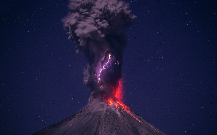 volcano eruption photo, landscape, clouds, lightning, beauty in nature