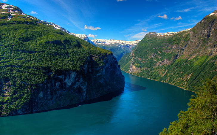 mountains, forest, fjord, Norway, Geiranger, Geirangerfjord, HD wallpaper