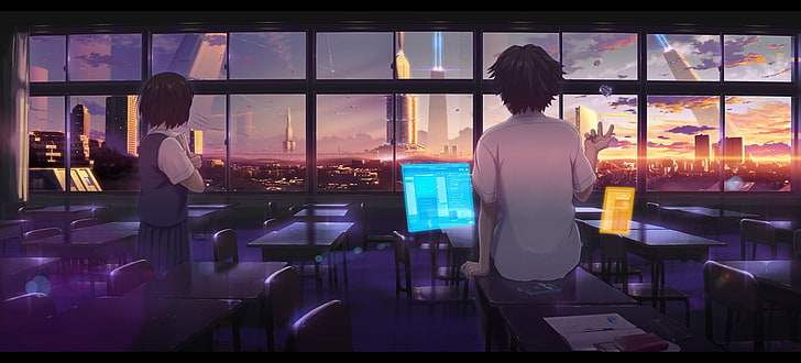 black haired male anime character, two anime characters facing window during daytime
