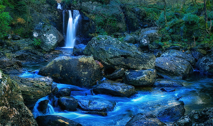 landscape photography of blue and green forest, Inversnaid, Falls, HD wallpaper
