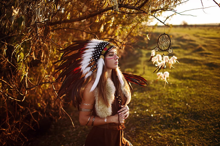 Women, Native American, Dreamcatcher, Feather, Girl, Headband, HD wallpaper