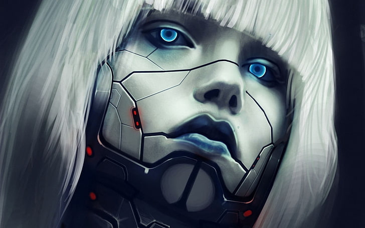 white haired robot illustration, blue eyes, cyberpunk, cyborg