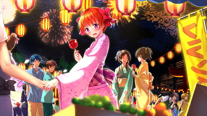 anime, anime girls, redhead, blushing, kimono, traditional clothing, HD wallpaper