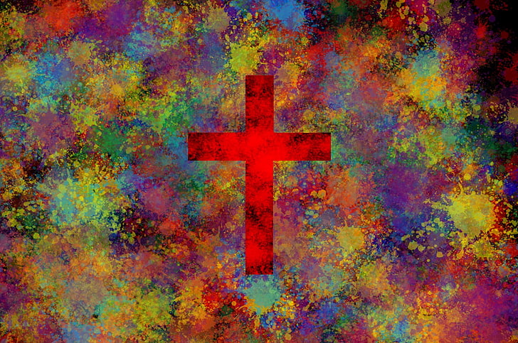 colorful, cross, paint splatter, religion, spirituality, belief