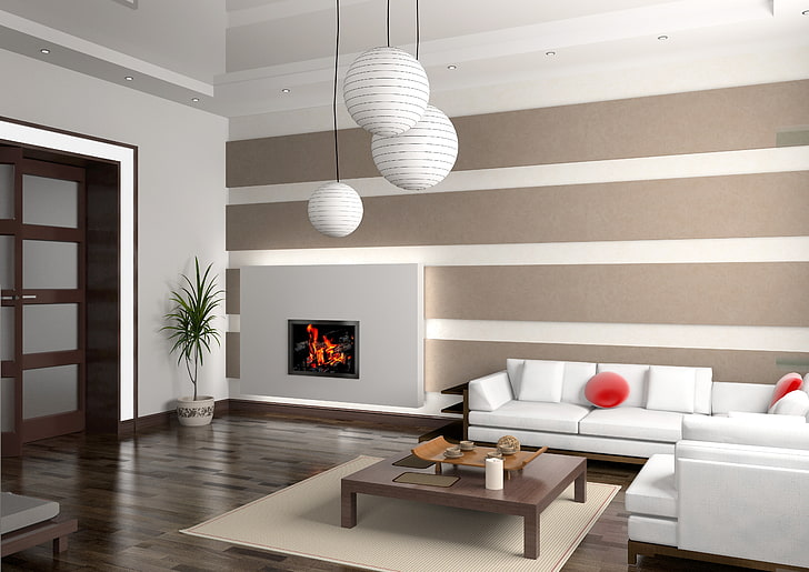 white 2-seat sofa, design, style, fireplace, salon, table, Interior, HD wallpaper