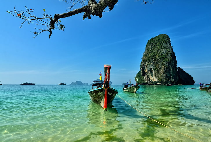 red and white boat, Thailand, Island, Railay, sea, beach, krabi, HD wallpaper