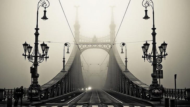 bridge, suspension bridge, structure, architecture, city, sky, HD wallpaper