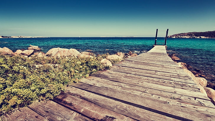 brown wooden dock, nature, beach, rock, sea, water, sky, horizon over water
