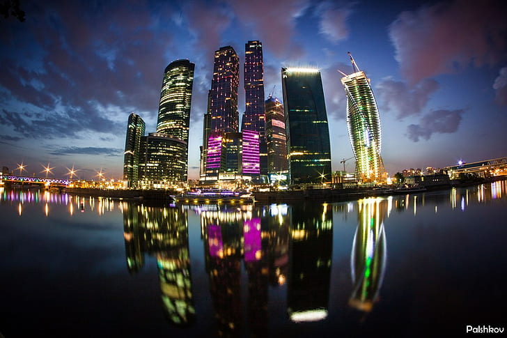 Moscow CIty, cityscape, lights, reflection, HD wallpaper