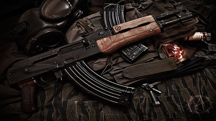 black rifle, vodka, gas masks, AK-47 Draco, S.T.A.L.K.E.R., weapon, HD wallpaper