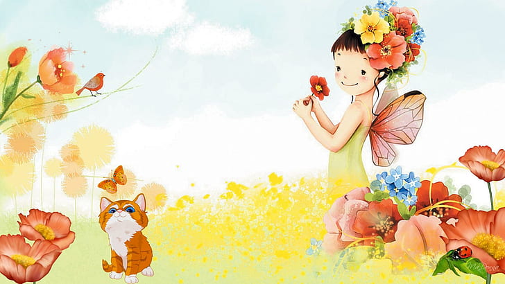 Poppy Fairy, firefox persona, girl, kitten, poppies, butterfly