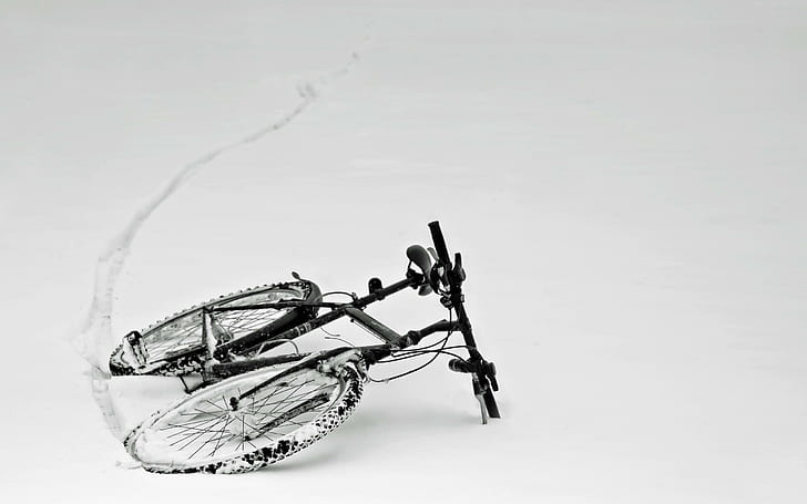 Bicycle in the snow, black rigid bike, photography, 2560x1600