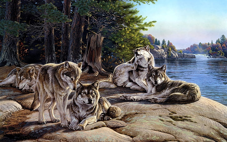 paintings artwork lakes sunbathing wolves 1920x1200  Nature Lakes HD Art, HD wallpaper