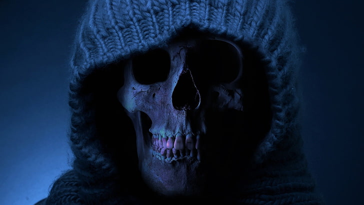 gray skull with brown cape wallpaper, dead, bones, horror, spooky