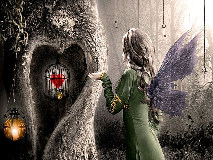 fairy standing near tree, Artistic, Love, Cage, Heart, Woman, HD wallpaper