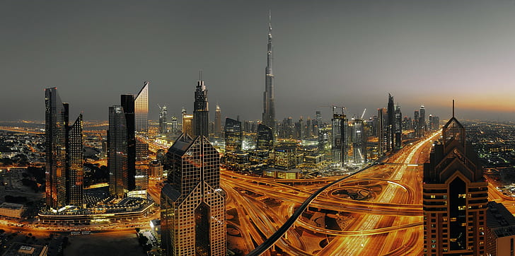 cityscape, lights, long exposure, Dubai, Burj Khalifa, HD wallpaper