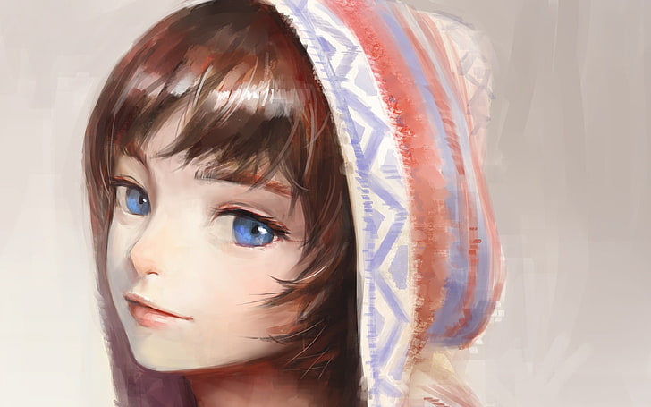 brown-haired girl animated painting, original characters, blue eyes, HD wallpaper